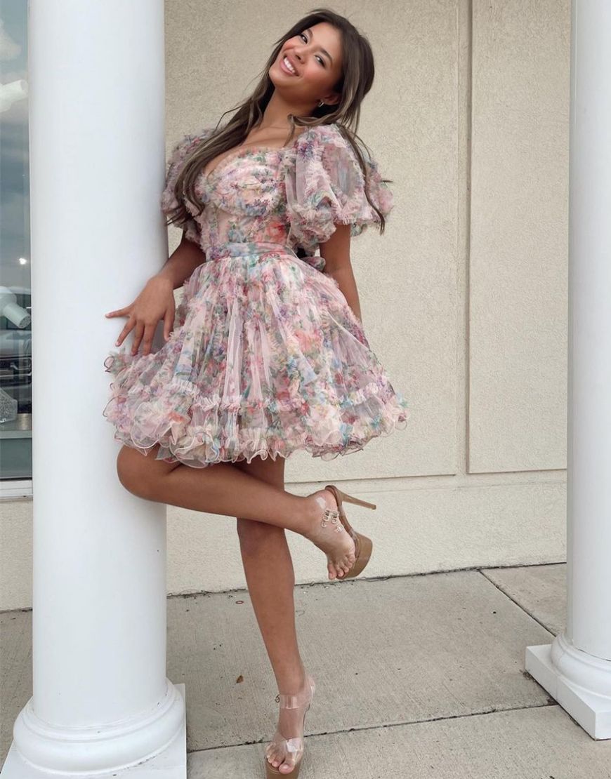 Pretty Cute Puff Sleeves A-Line Short Homecoming Party Dress