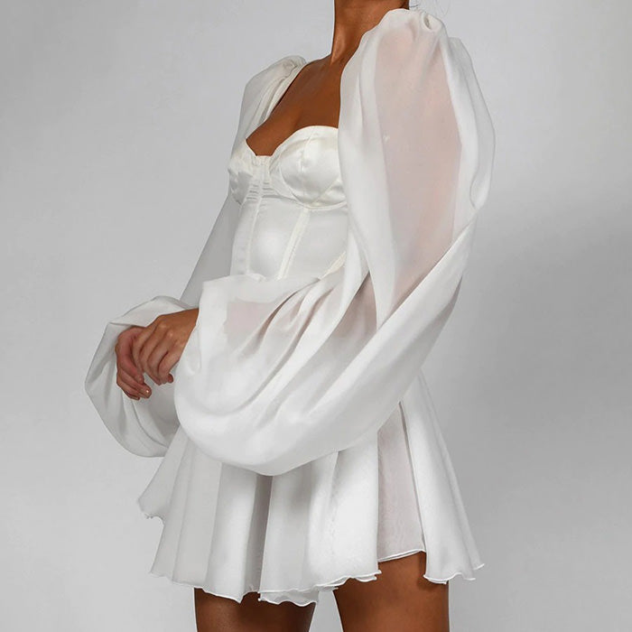 Corset Sweetheart Wide Strap Sheer Balloon Sleeve Fit and Flare Mini Dress