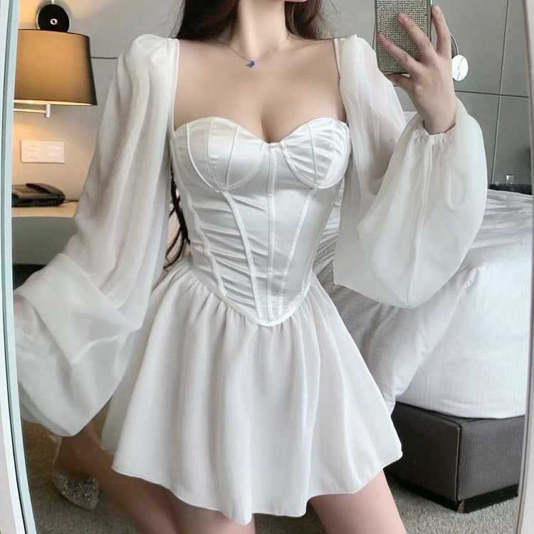 Corset Sweetheart Wide Strap Sheer Balloon Sleeve Fit and Flare Mini Dress