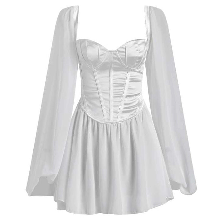Corset Sweetheart Wide Strap Sheer Balloon Sleeve Fit and Flare Mini Dress