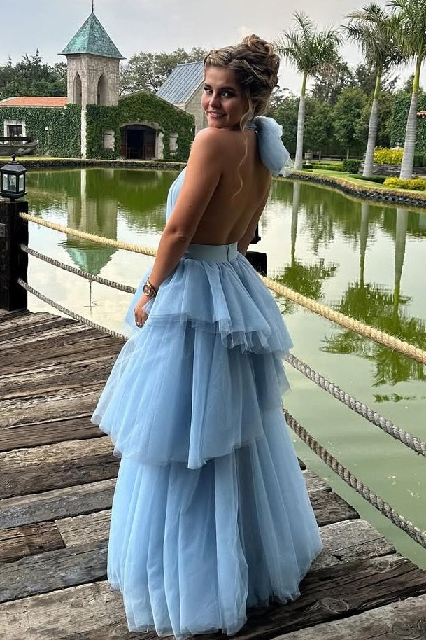 Princess A Line Halter Neck Blue Tulle Long Prom Dress with Ruffles