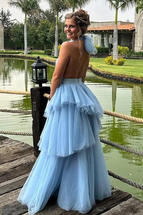 Princess A Line Halter Neck Blue Tulle Long Prom Dress with Ruffles