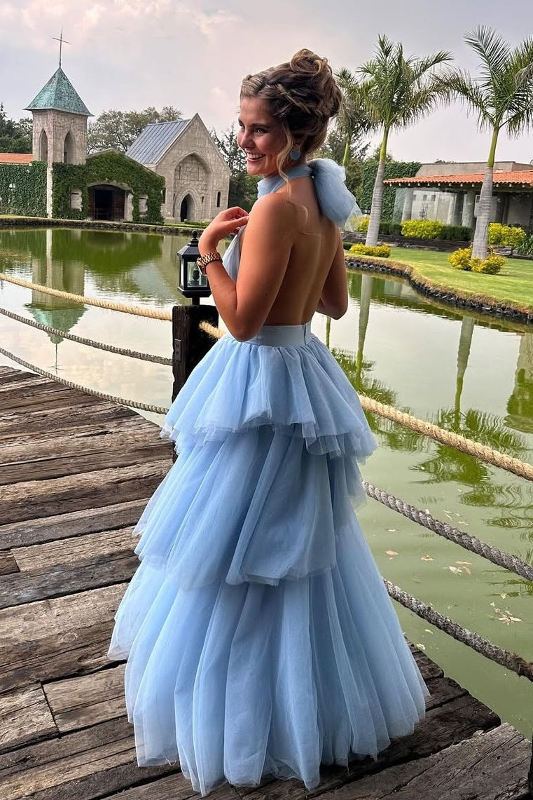 Princess A Line Halter Neck Blue Tulle Long Prom Dress with Ruffles