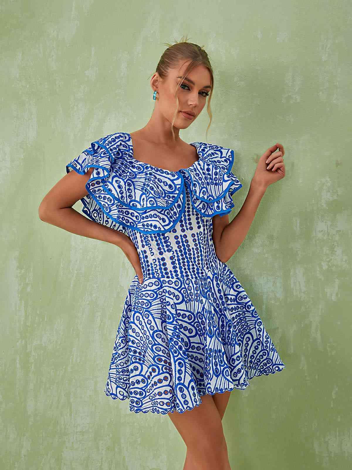 Princess Ruffle Cutout Mini Dress In Blue