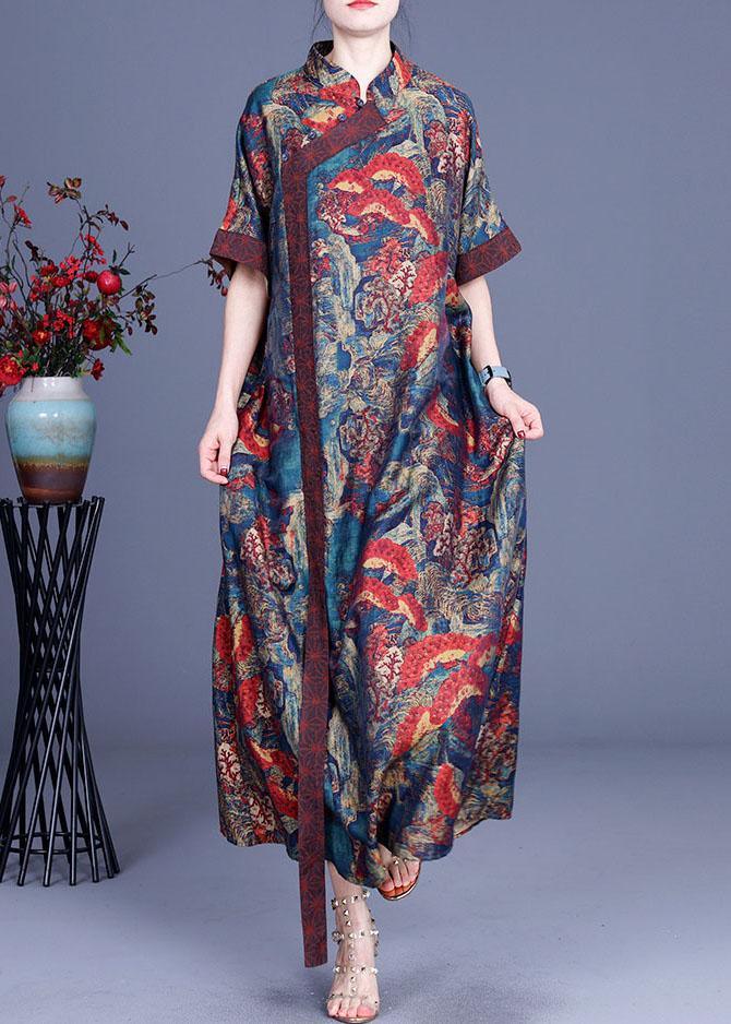 Mandarin Collar Diagonal Wrap Short Sleeve Wave Floral Print Maxi Dress
