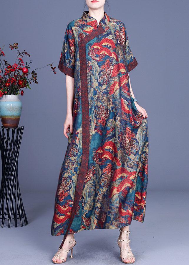 Mandarin Collar Diagonal Wrap Short Sleeve Wave Floral Print Maxi Dress