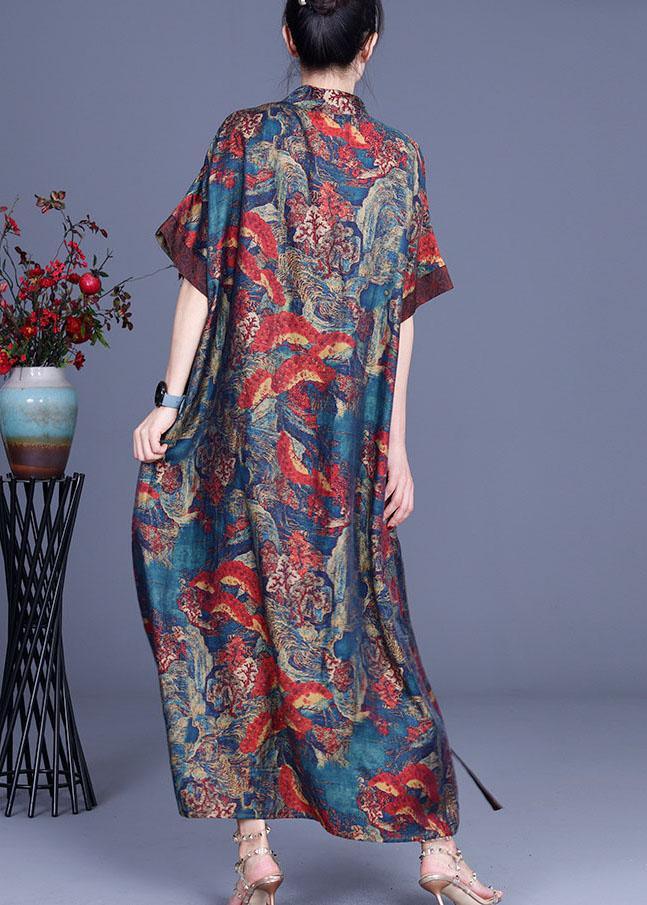 Mandarin Collar Diagonal Wrap Short Sleeve Wave Floral Print Maxi Dress
