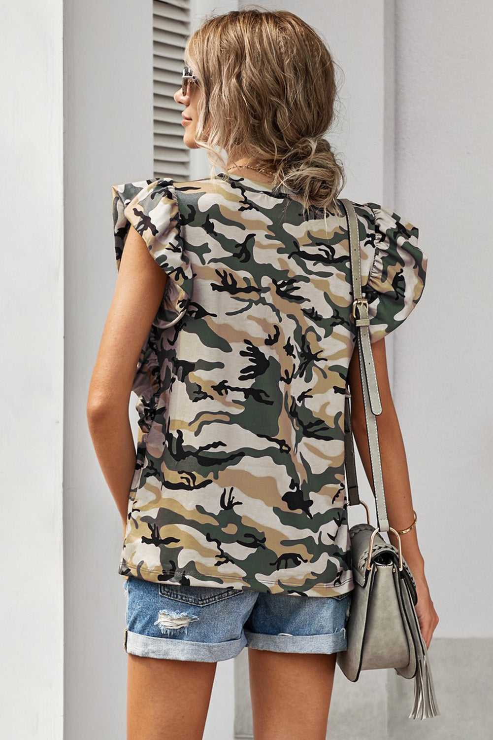 Print Ruffled Cap Sleeve T-shirt With Pocket