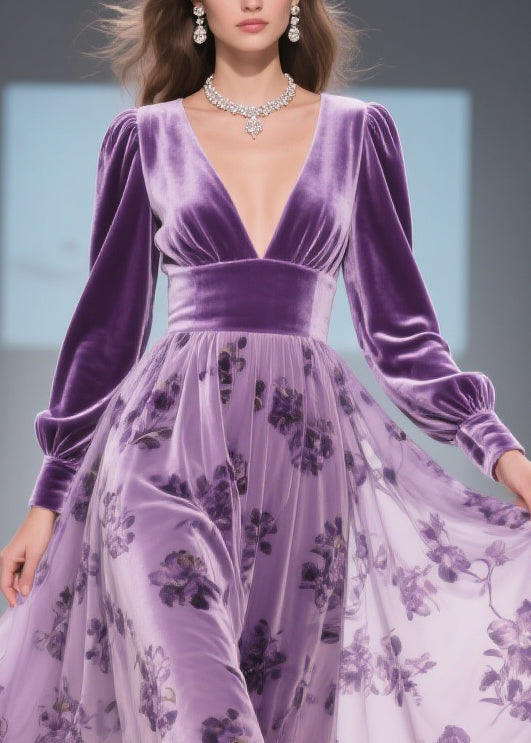Velvet Deep V-Neck Bishop Sleeve Burnout Floral Skirt Lace Trim Midi Dress