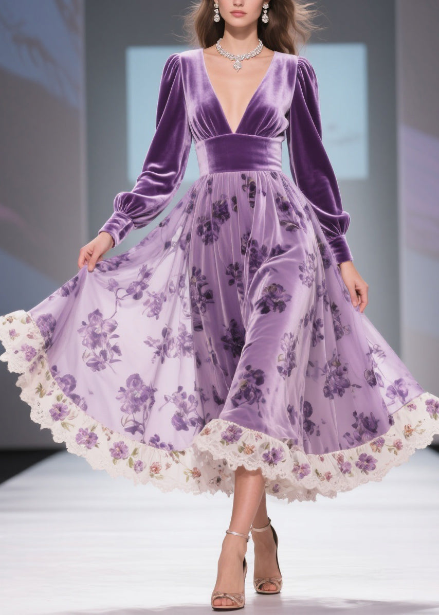 Velvet Deep V-Neck Bishop Sleeve Burnout Floral Skirt Lace Trim Midi Dress
