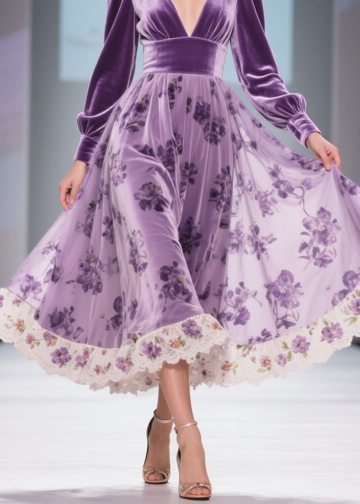 Velvet Deep V-Neck Bishop Sleeve Burnout Floral Skirt Lace Trim Midi Dress