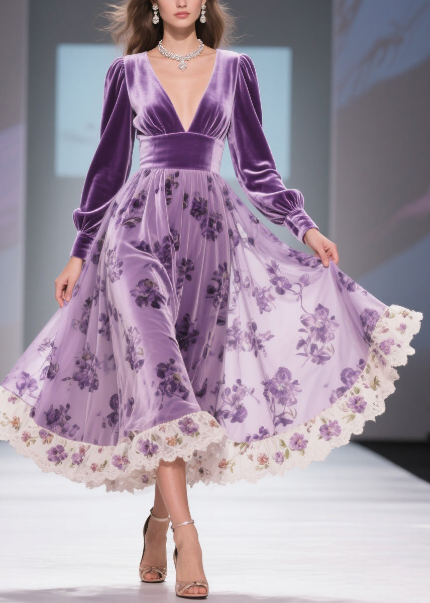 Velvet Deep V-Neck Bishop Sleeve Burnout Floral Skirt Lace Trim Midi Dress
