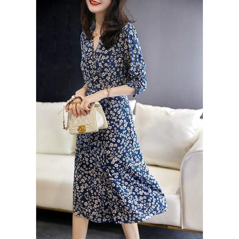 Floral Print V-Neck 3/4 Sleeve A-Line Midi Dress