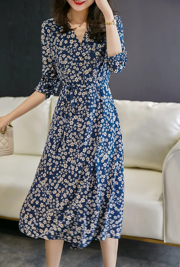 Floral Print V-Neck 3/4 Sleeve A-Line Midi Dress