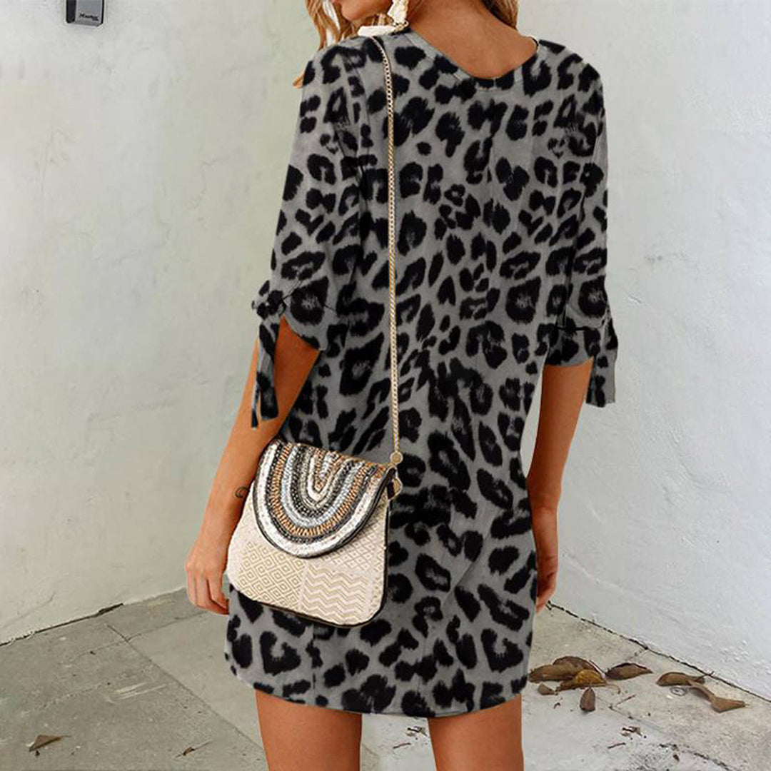 Leopard Print Tie Cuff Three Quarter Sleeve Shift Mini Dress