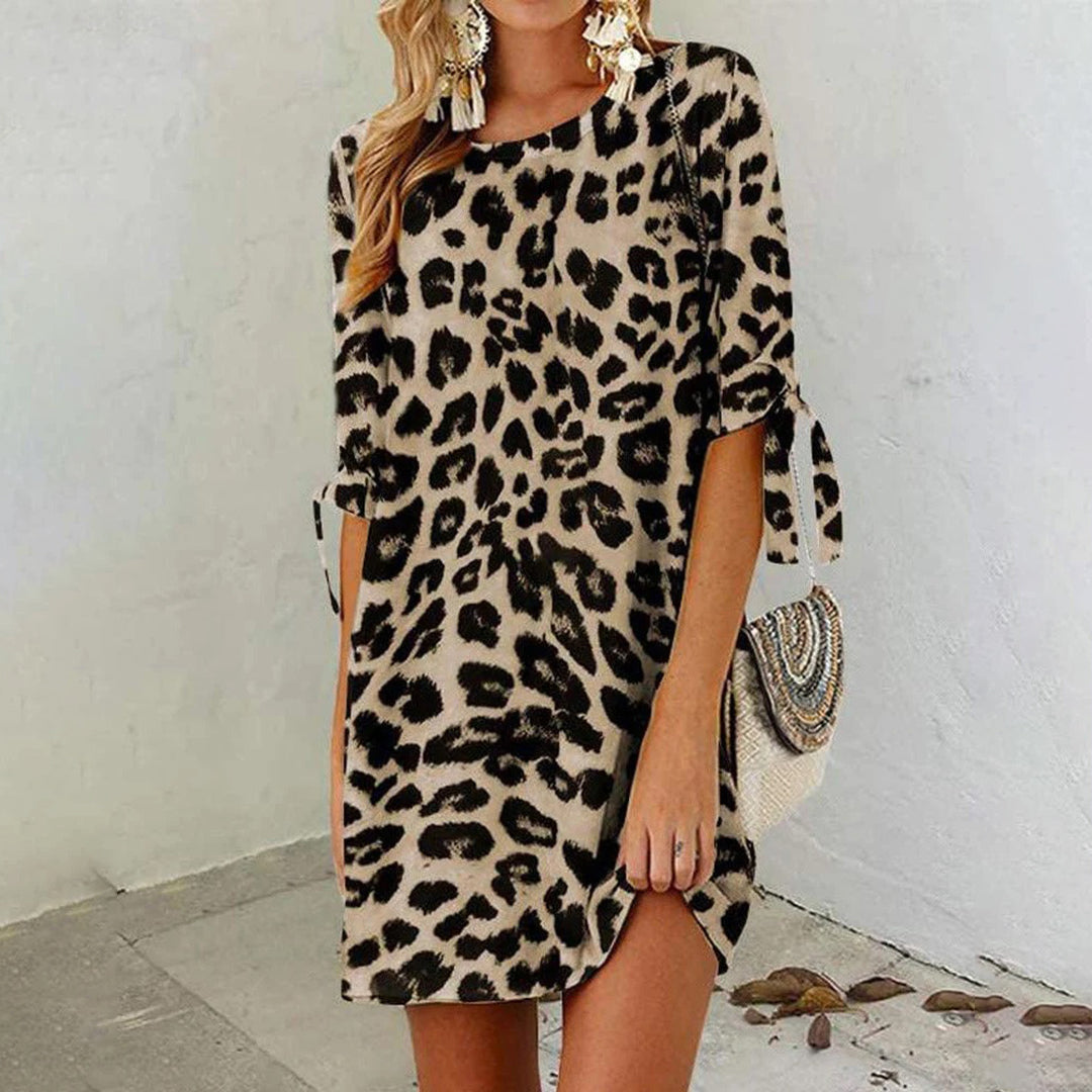 Leopard Print Tie Cuff Three Quarter Sleeve Shift Mini Dress
