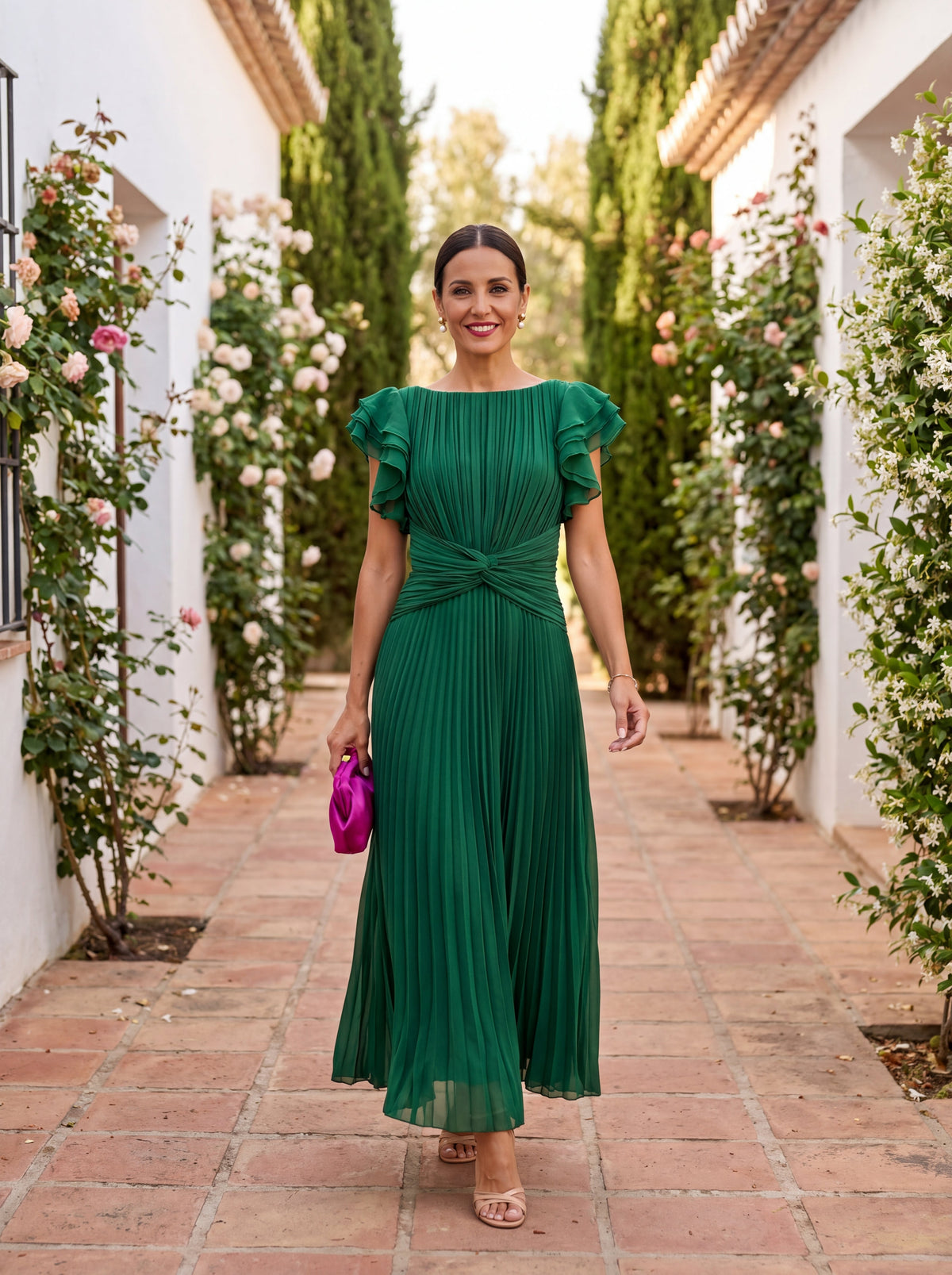 Pleated Boat Neck Flutter Sleeve Twist Waist Midi Dress