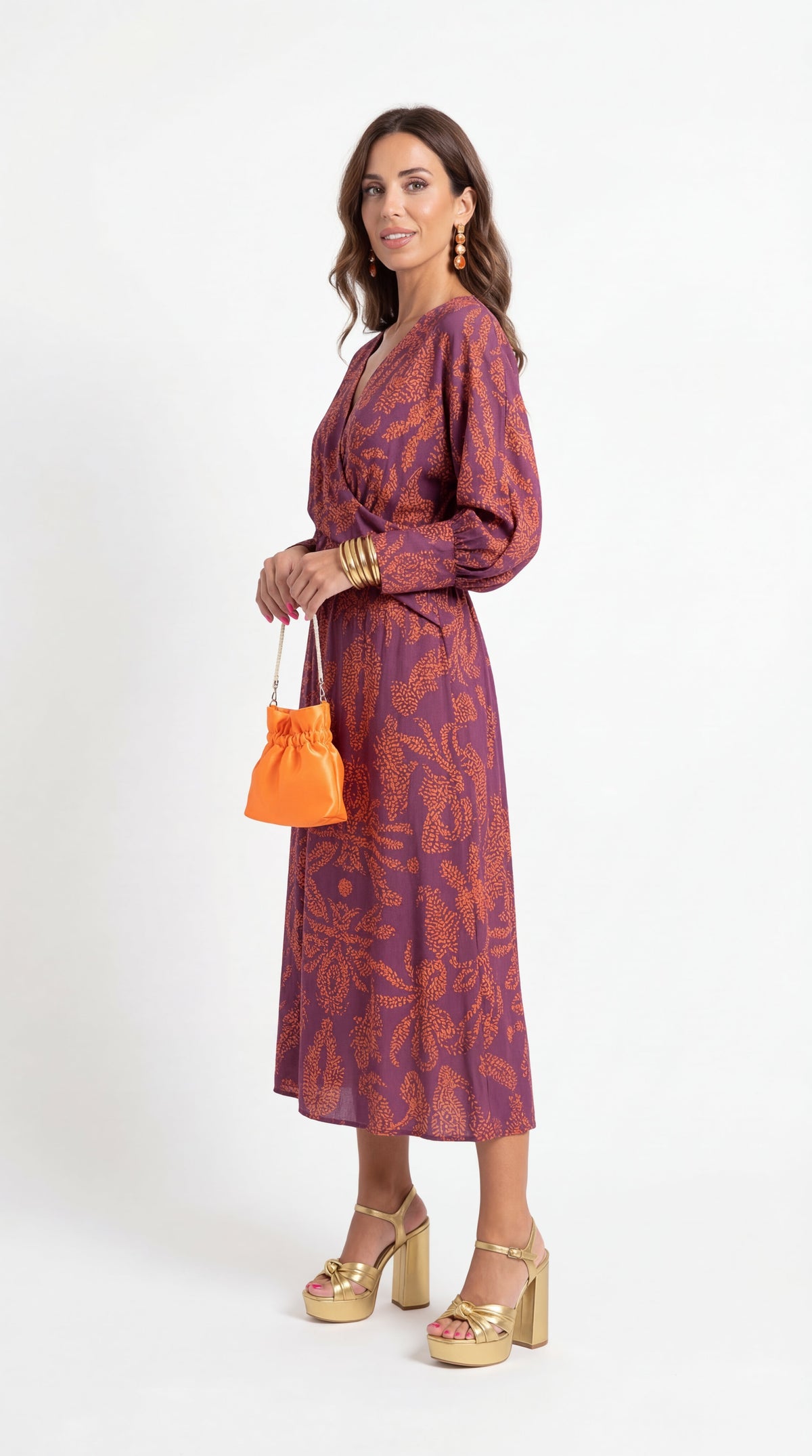Deep V-Neck Long Sleeve Twist Front Printed Midi Dress