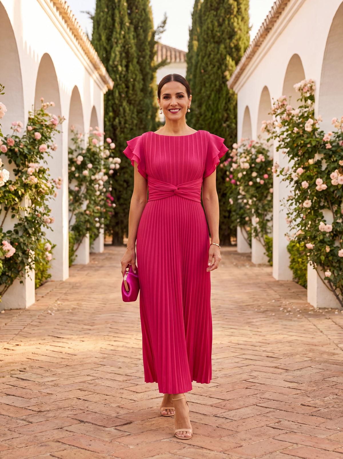 Pleated Boat Neck Flutter Sleeve Twist Waist Midi Dress
