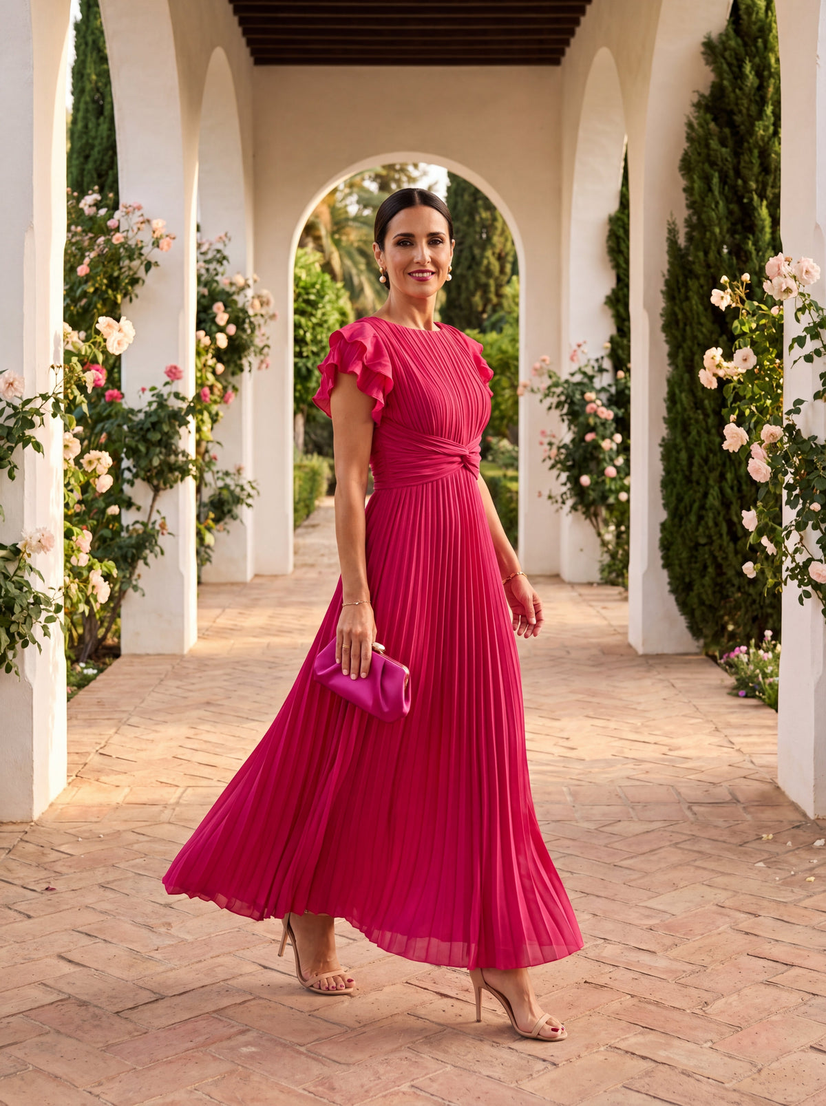 Flutter Sleeve Twist Waist Pleated Maxi Dress