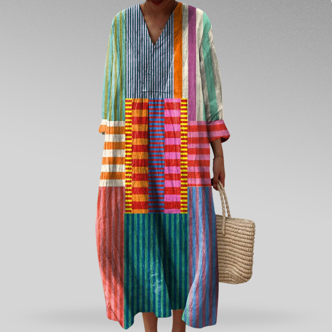 Colorblock Stripe V-Neck Long Sleeve Maxi Dress