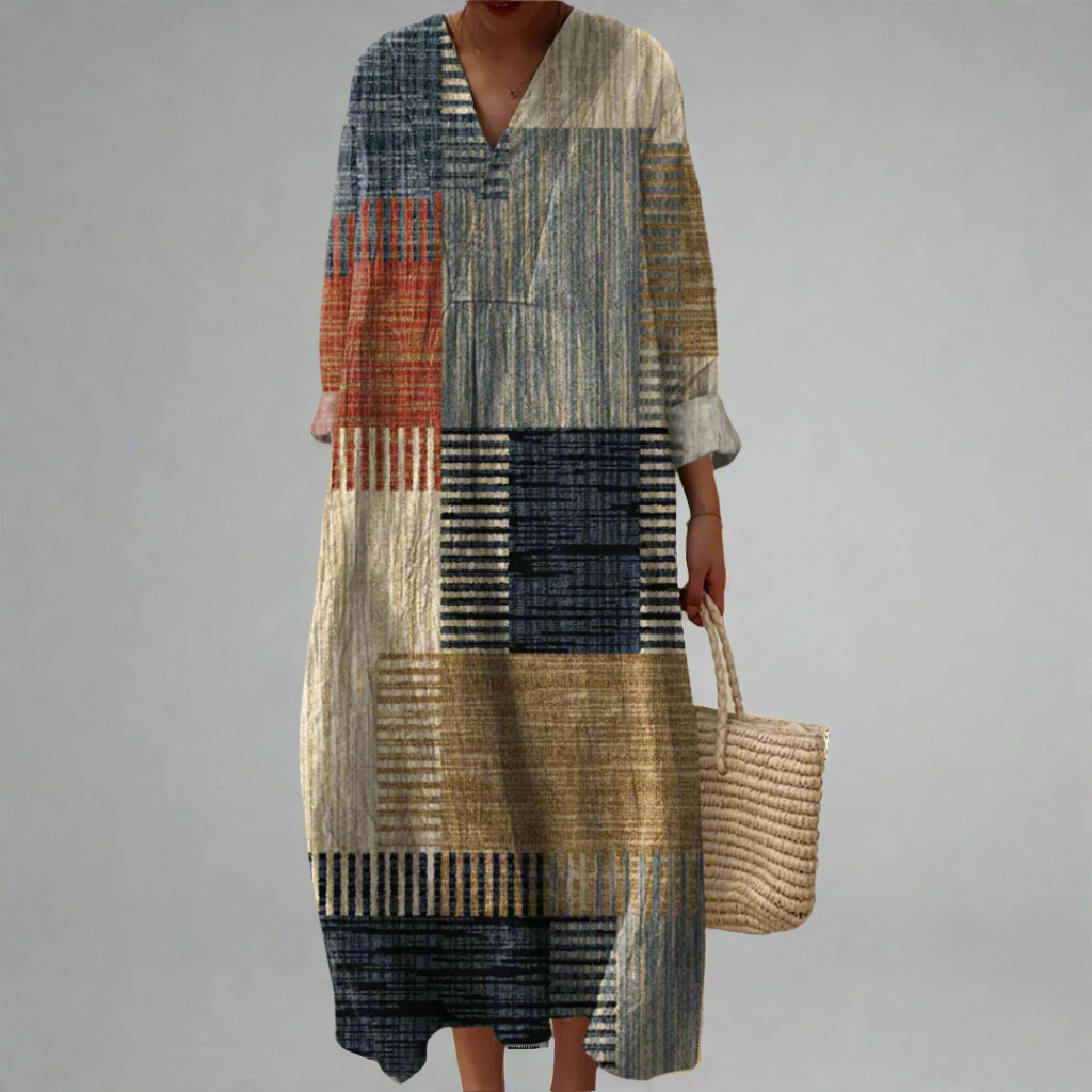 Patchwork Print V-Neck Long Sleeve Maxi Dress