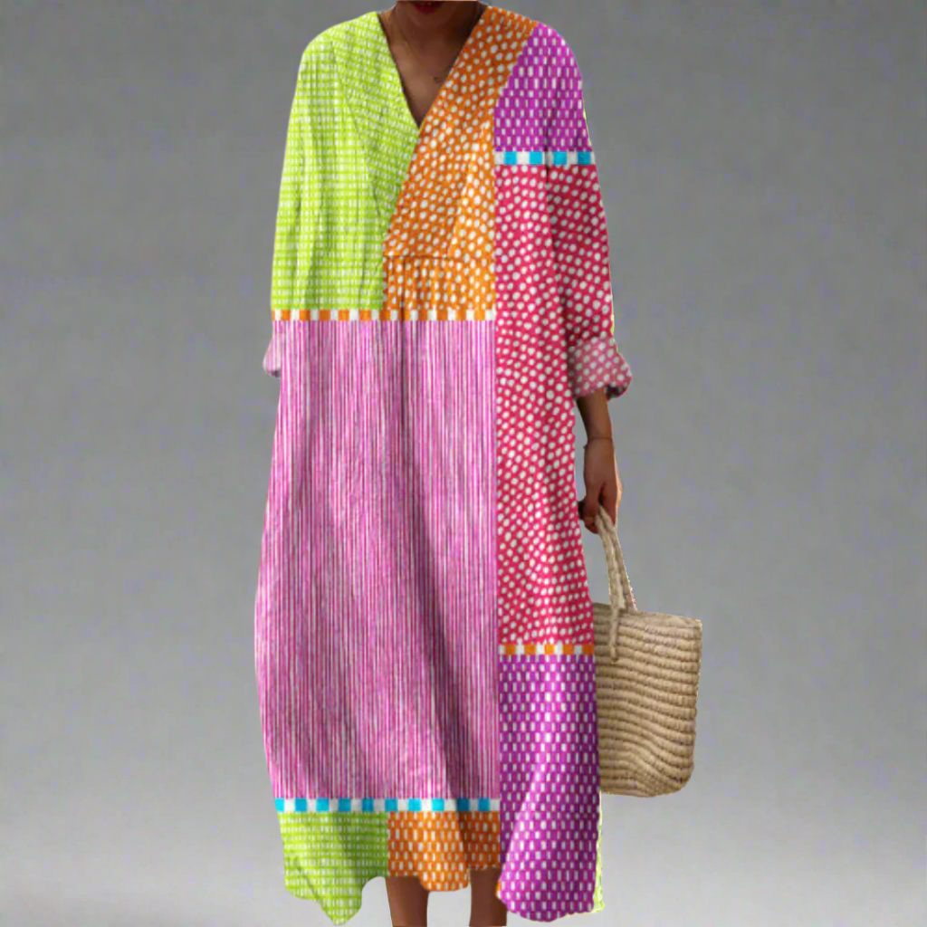 V-Neck Long Sleeve Colorblock Patchwork Print Maxi Dress