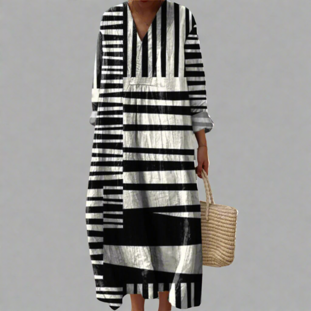 Geometric Stripe Print V-Neck Long Sleeve Maxi Dress