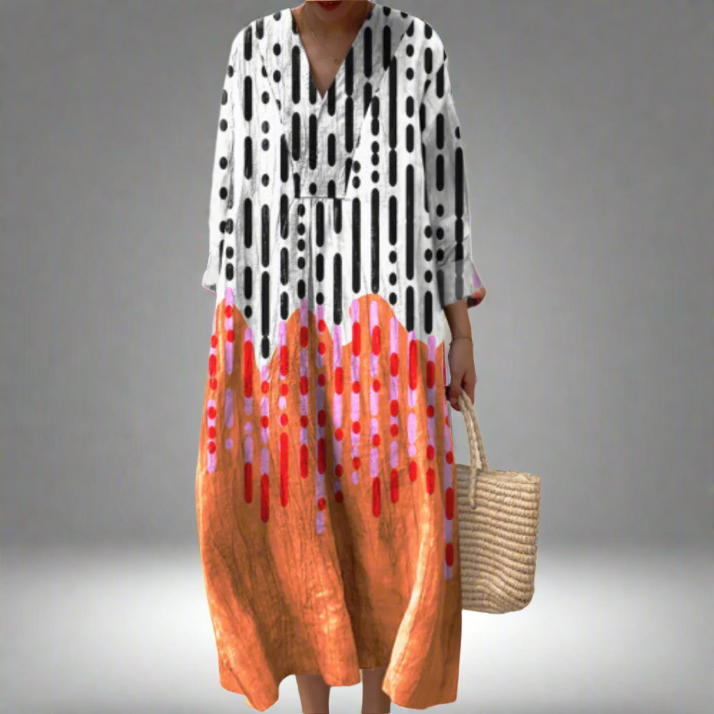 V-Neck Long Sleeve Abstract Print Maxi Dress