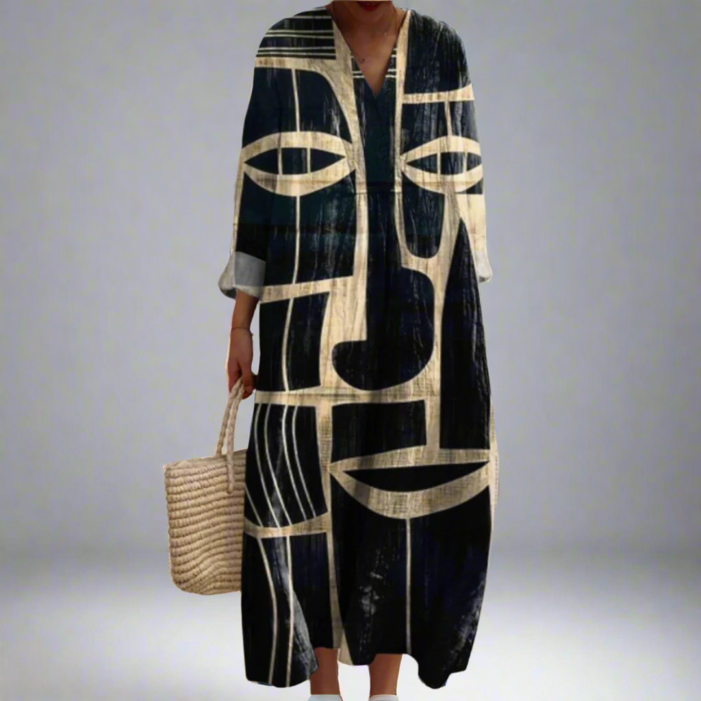 Abstract Print V-Neck Long Sleeve Pocket Maxi Dress