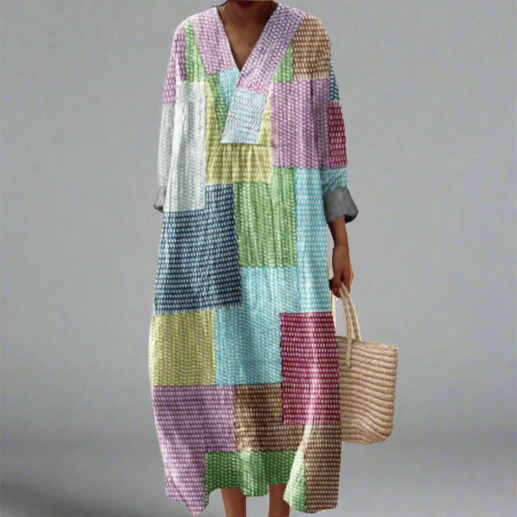 Patchwork Check Print V-Neck Long Sleeve Maxi Dress