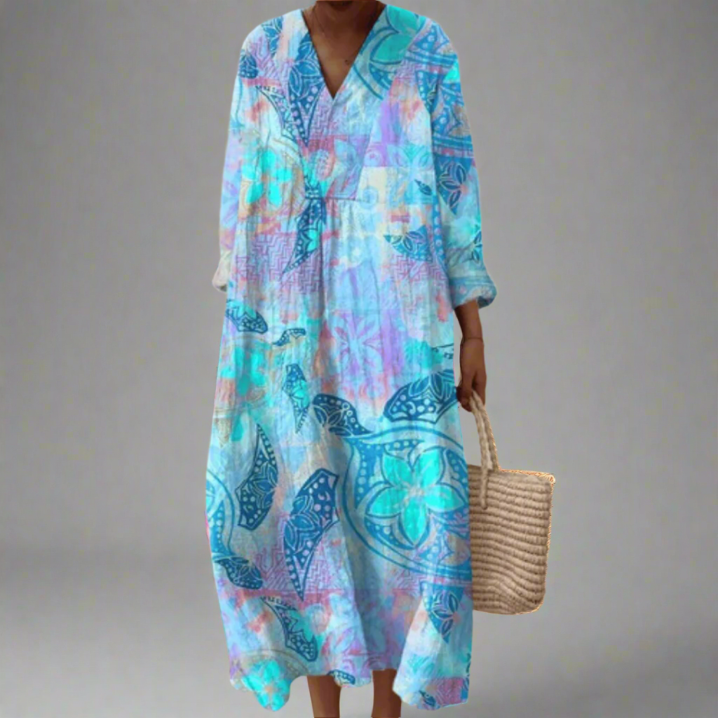 Abstract Print V-Neck Long Sleeve Maxi Dress
