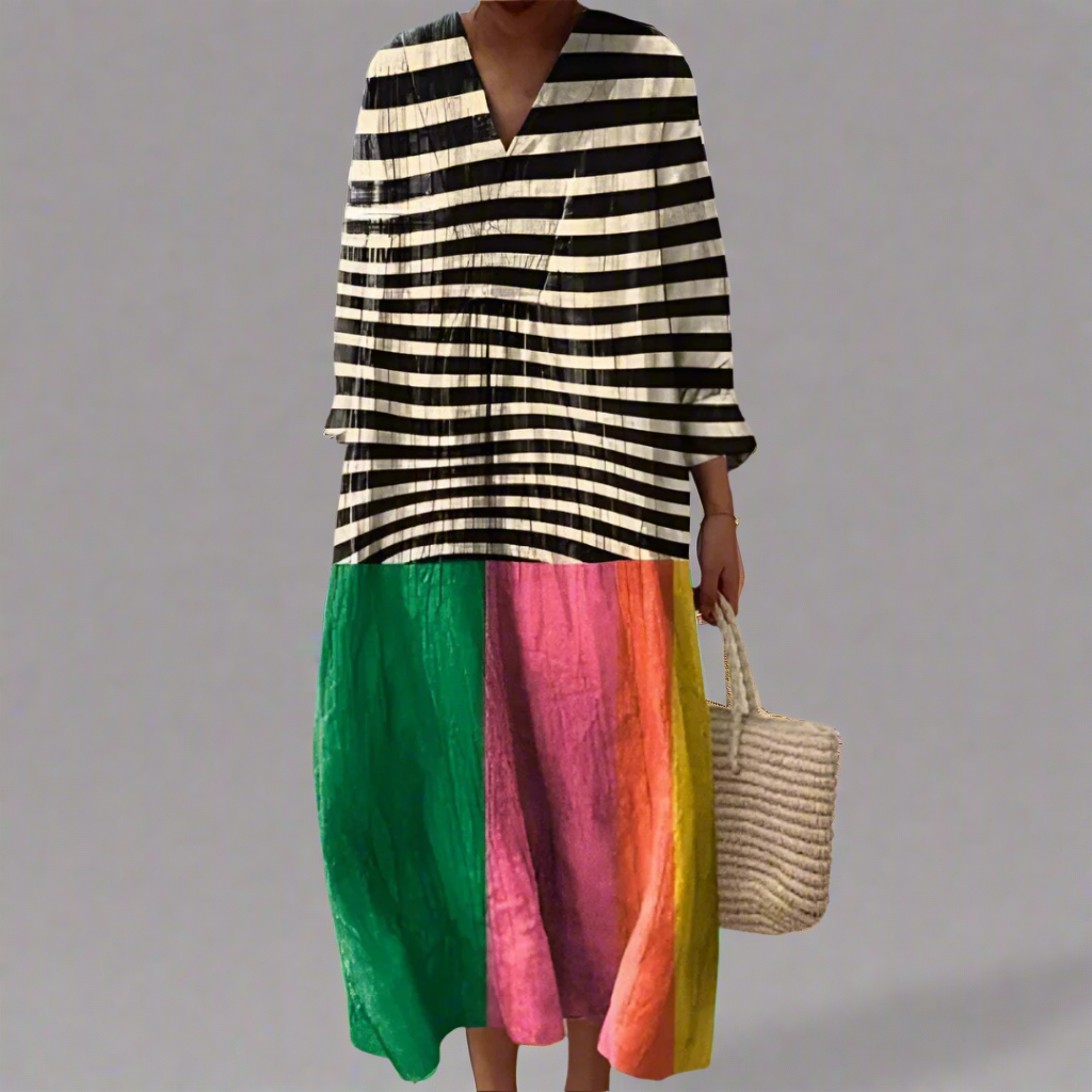 Striped Colorblock V-Neck Long Sleeve Maxi Dress