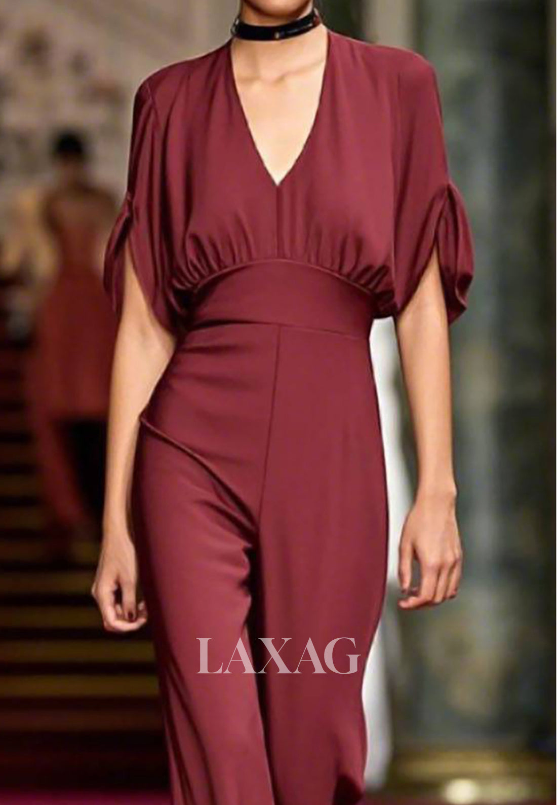 Deep V-Neck Half-Sleeves Pleated Satin Simple Jumpsuit