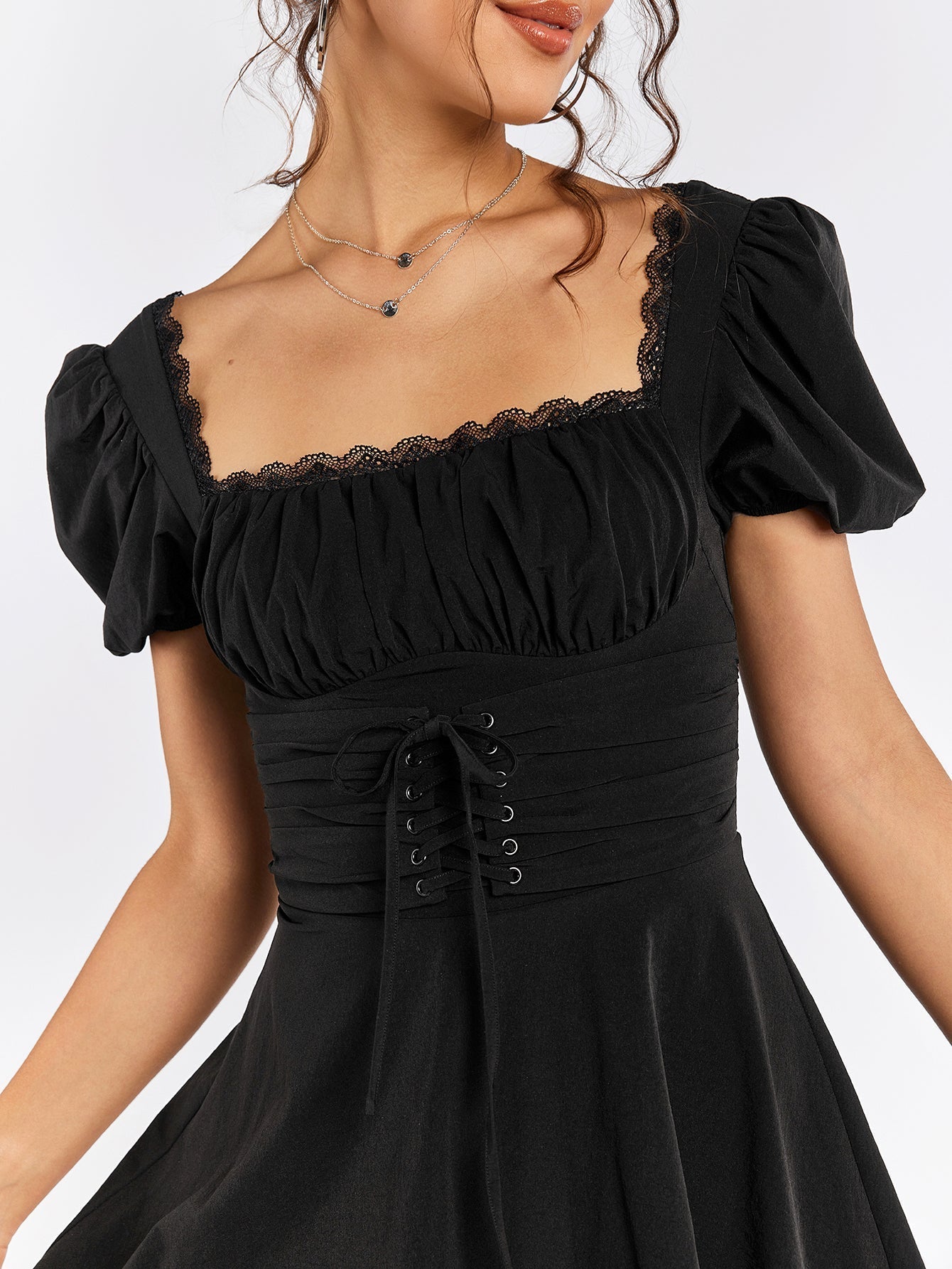 Puff Sleeve Lace Trim Backless Mini Dress - View 6