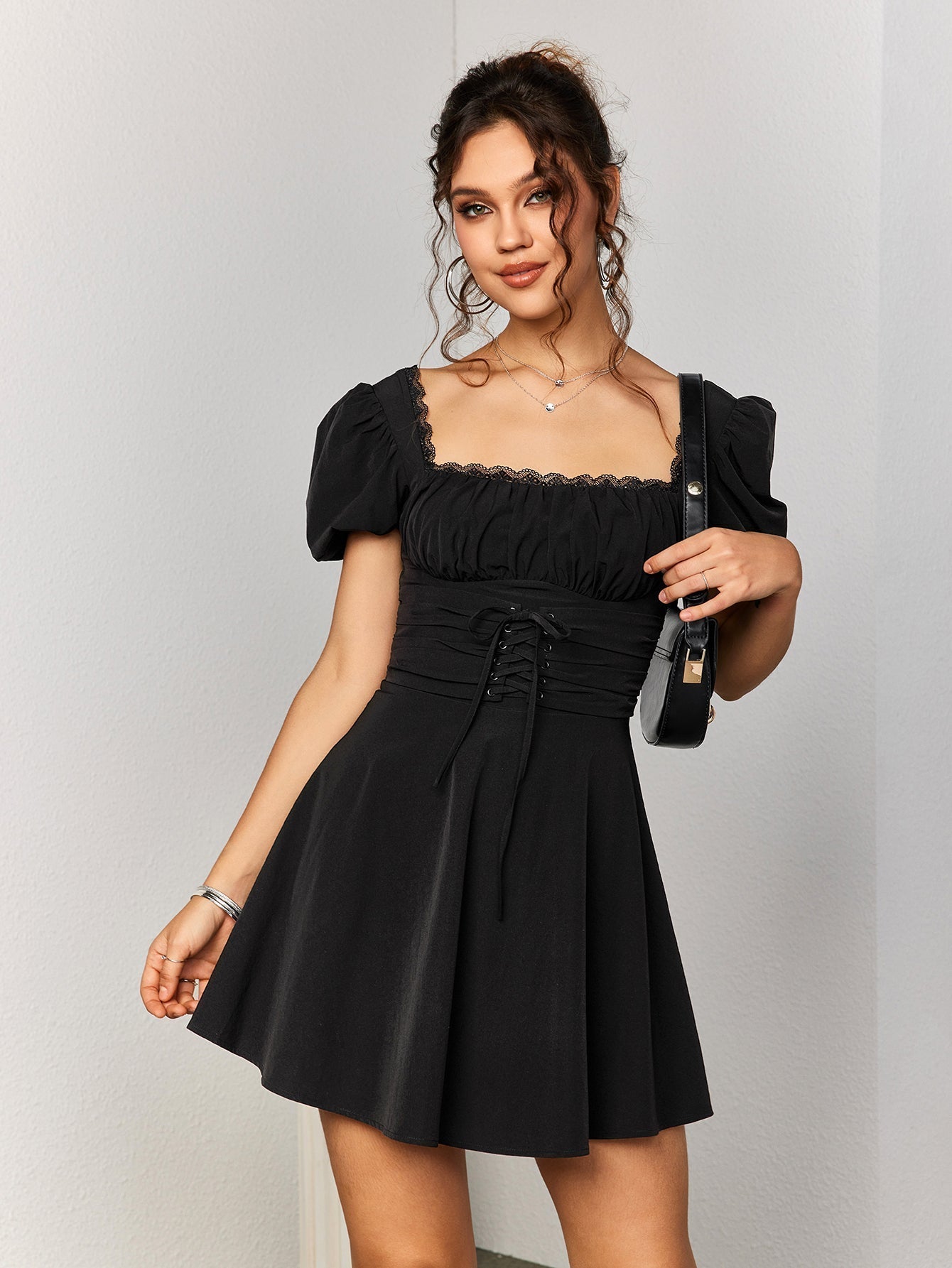 Puff Sleeve Lace Trim Backless Mini Dress - View 5