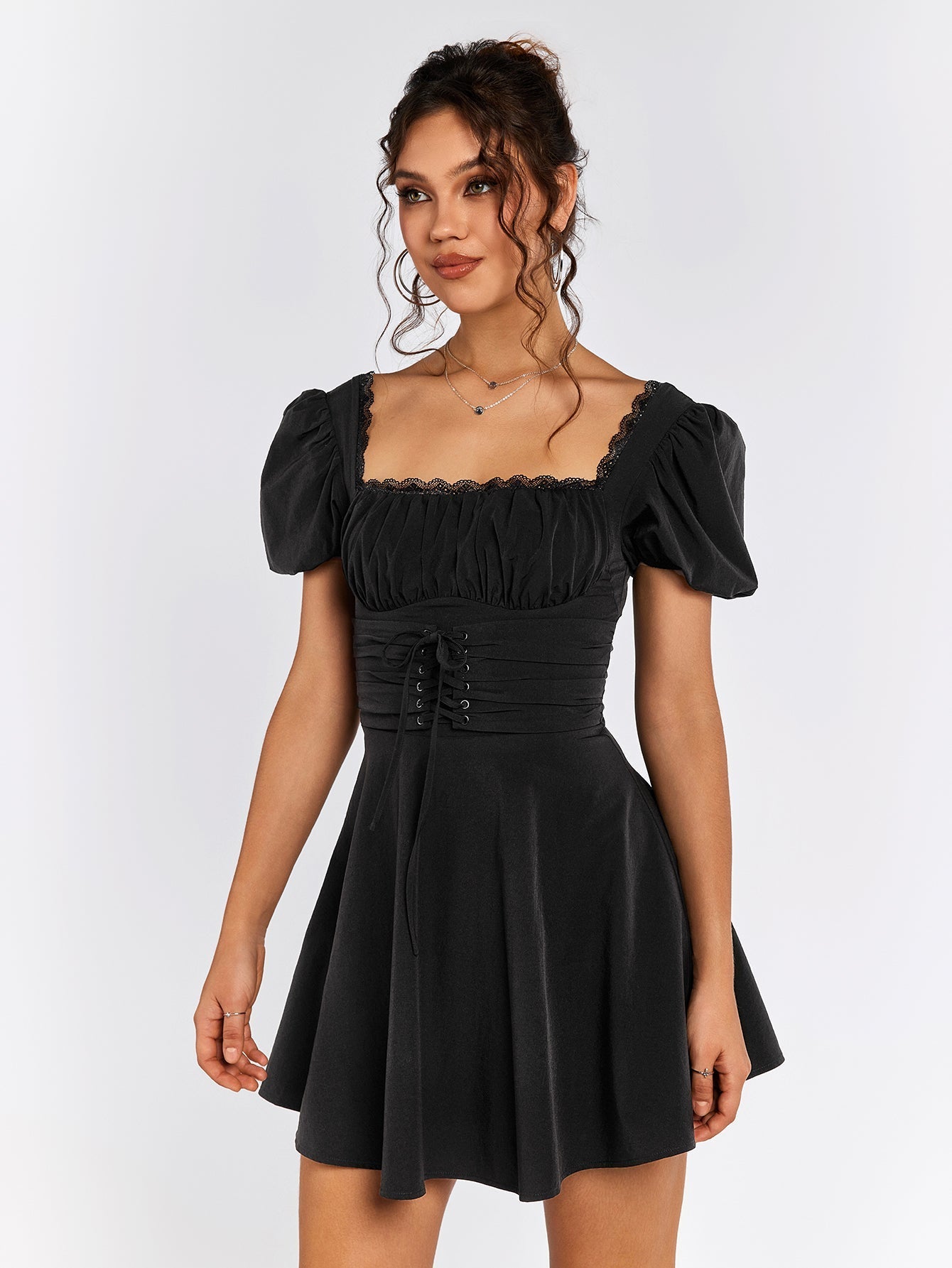 Puff Sleeve Lace Trim Backless Mini Dress - View 4