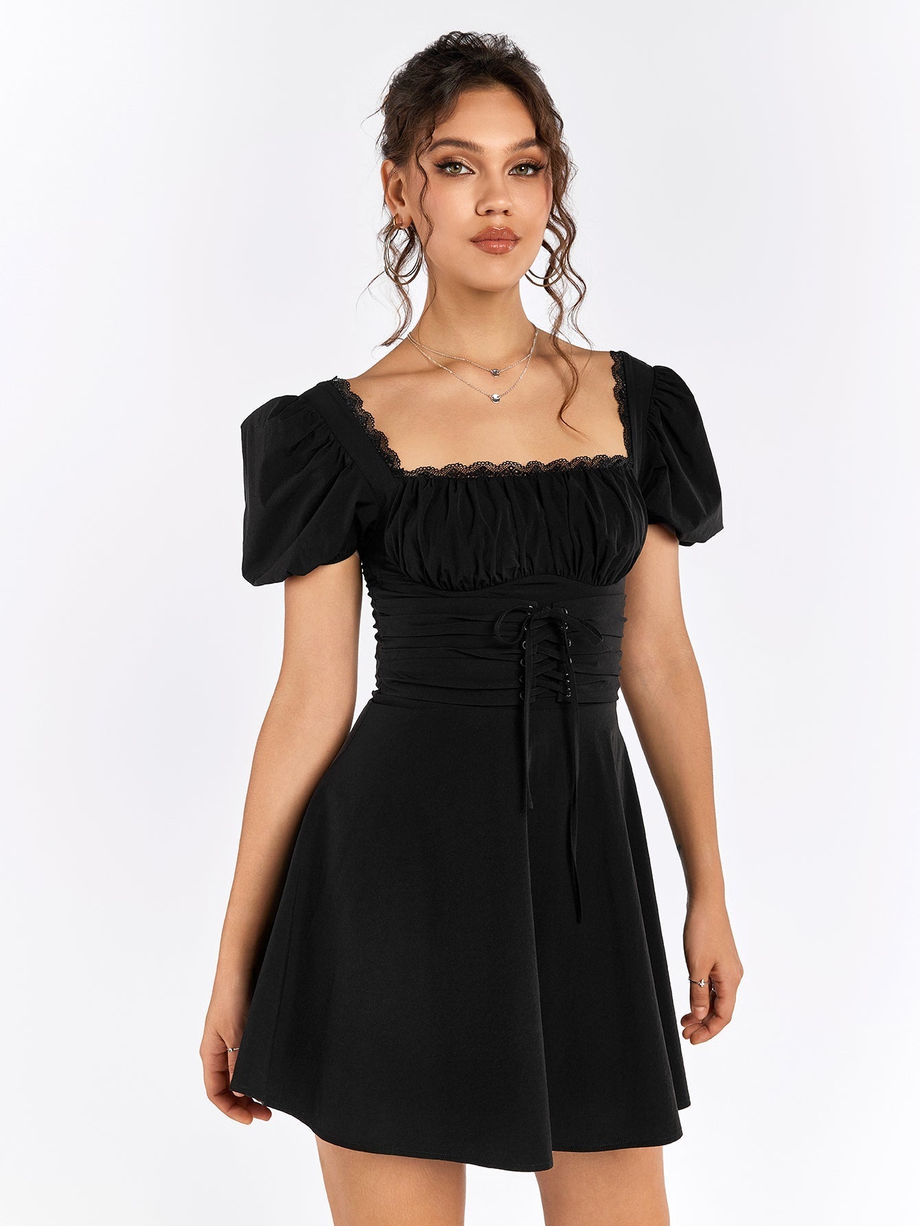 Puff Sleeve Lace Trim Backless Mini Dress - View 3