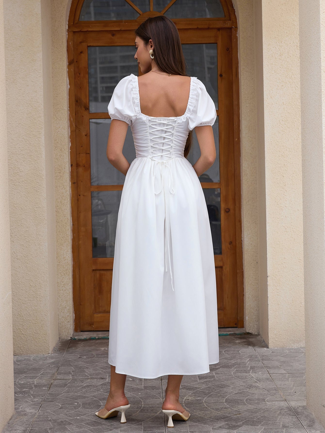 Puff Sleeve Lace Trim Ruched With Pockets Midi Dress - View 2