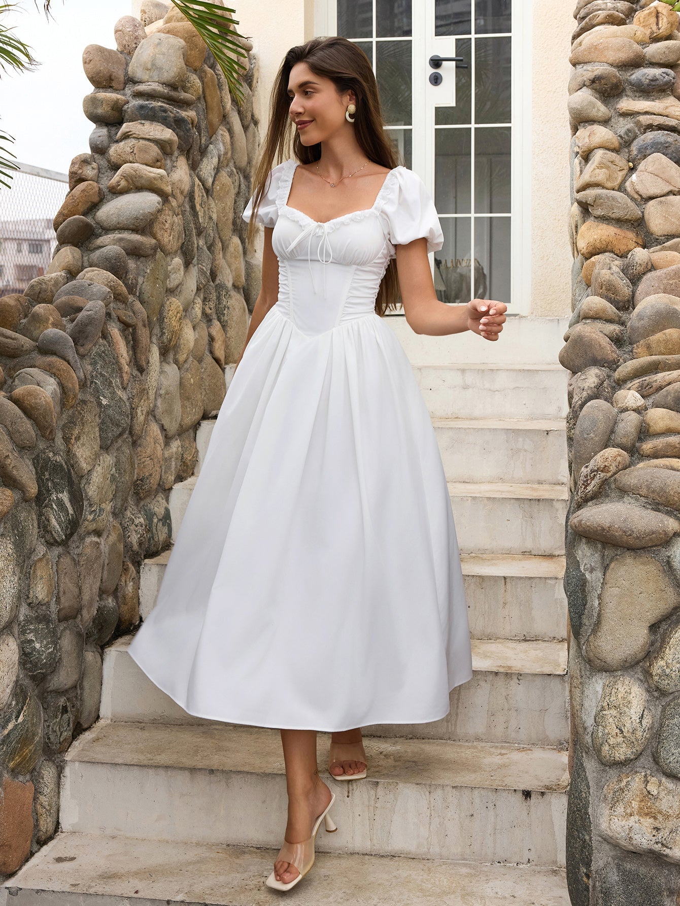 Puff Sleeve Lace Trim Ruched With Pockets Midi Dress - View 6
