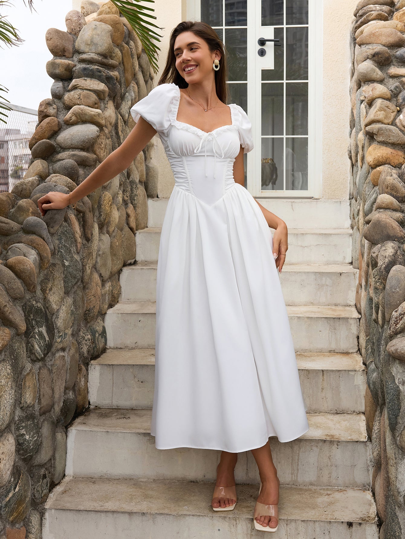Puff Sleeve Lace Trim Ruched With Pockets Midi Dress - View 5