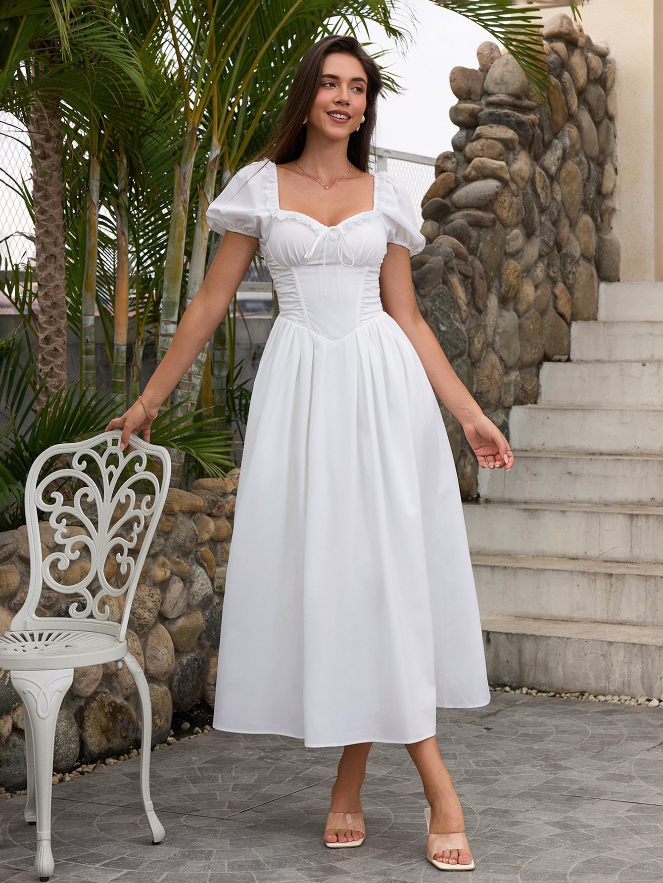 Puff Sleeve Lace Trim Ruched With Pockets Midi Dress - View 3