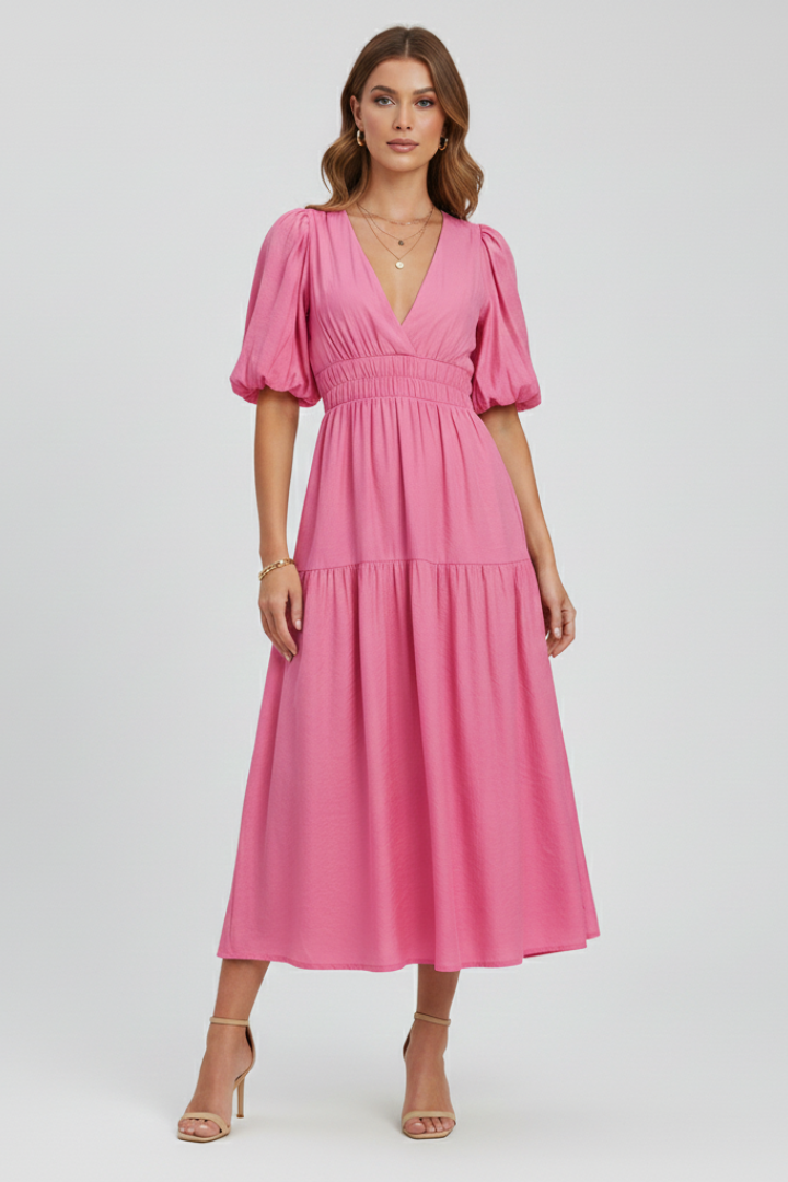 V-Neck Puff Sleeve Smocked Waist Tiered Midi Dress 6