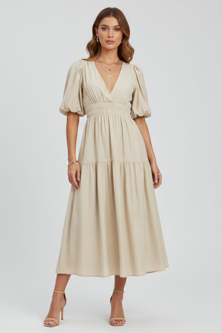 V-Neck Puff Sleeve Smocked Waist Tiered Midi Dress
