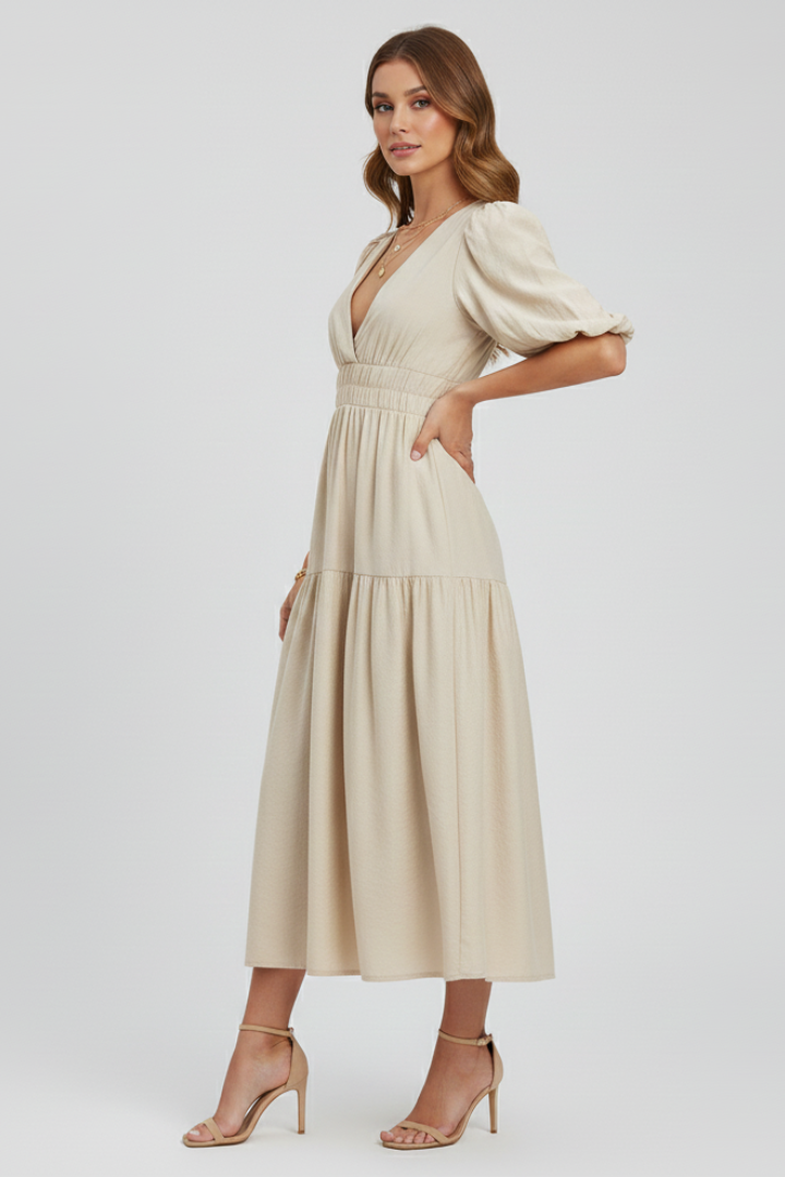 V-Neck Puff Sleeve Smocked Waist Tiered Midi Dress 2