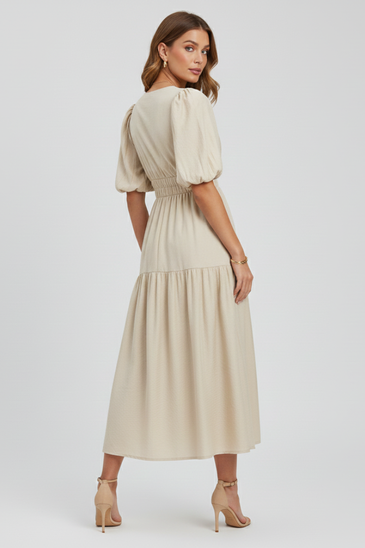 V-Neck Puff Sleeve Smocked Waist Tiered Midi Dress 3