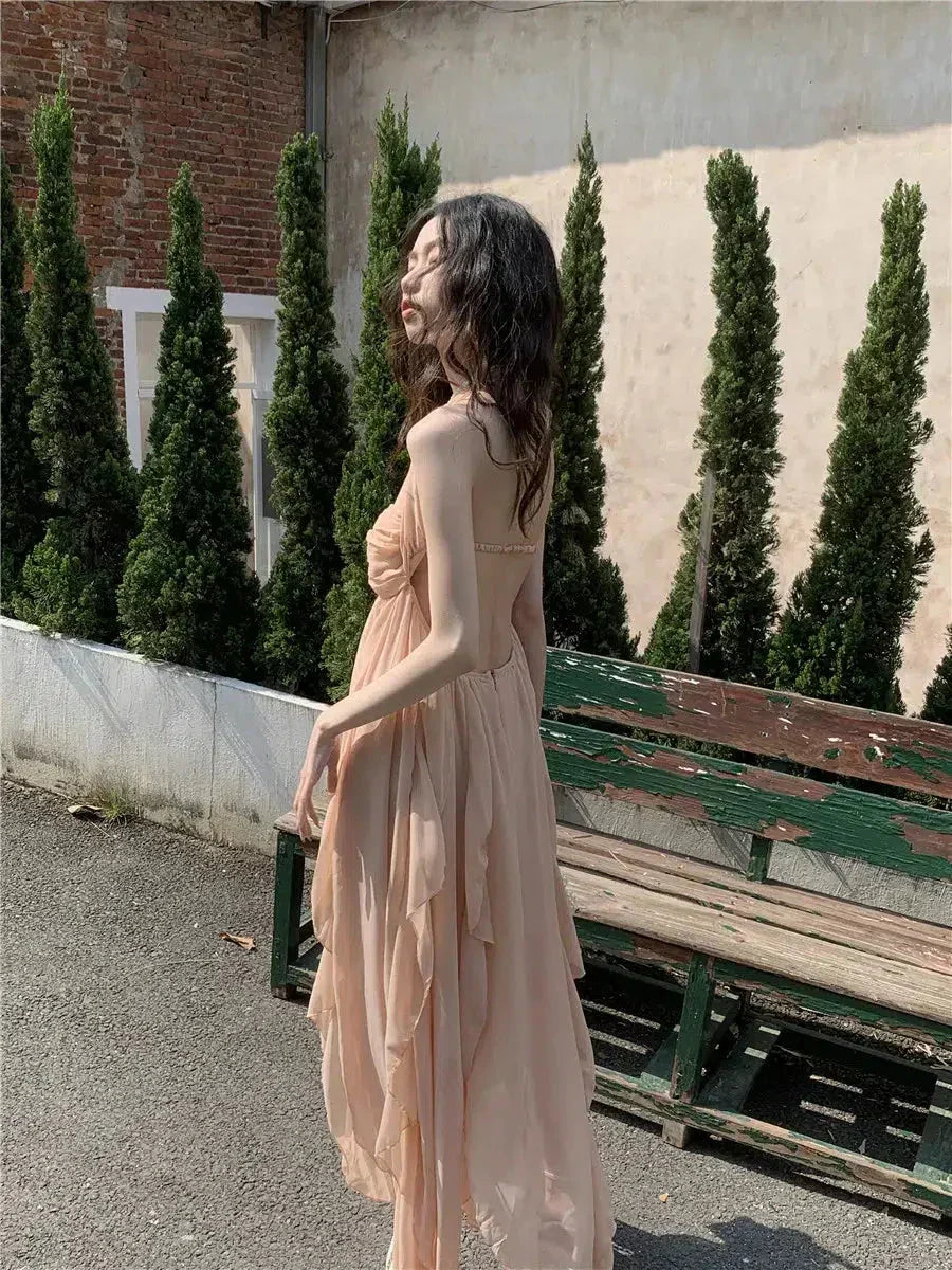 Chiffon Halter Neck Ruched Bust Ruffle Asymmetrical Hem Maxi Dress 2
