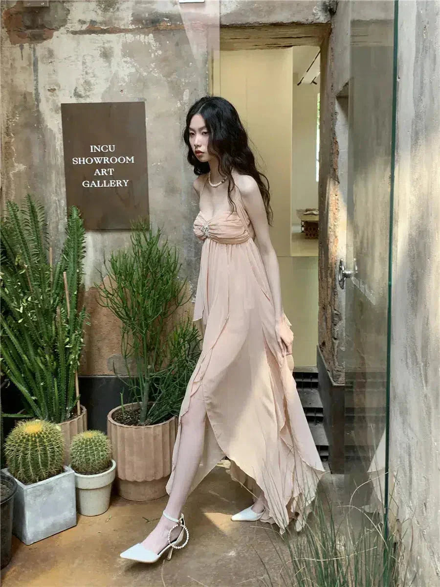 Chiffon Halter Neck Ruched Bust Ruffle Asymmetrical Hem Maxi Dress 6