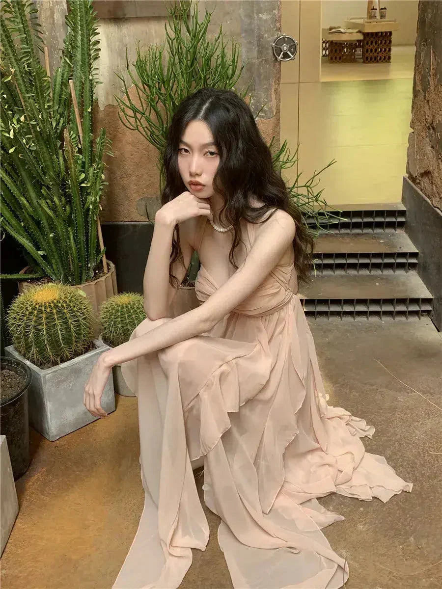 Chiffon Halter Neck Ruched Bust Ruffle Asymmetrical Hem Maxi Dress 7