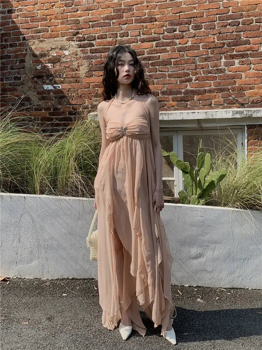 Chiffon Halter Neck Ruched Bust Ruffle Asymmetrical Hem Maxi Dress 8